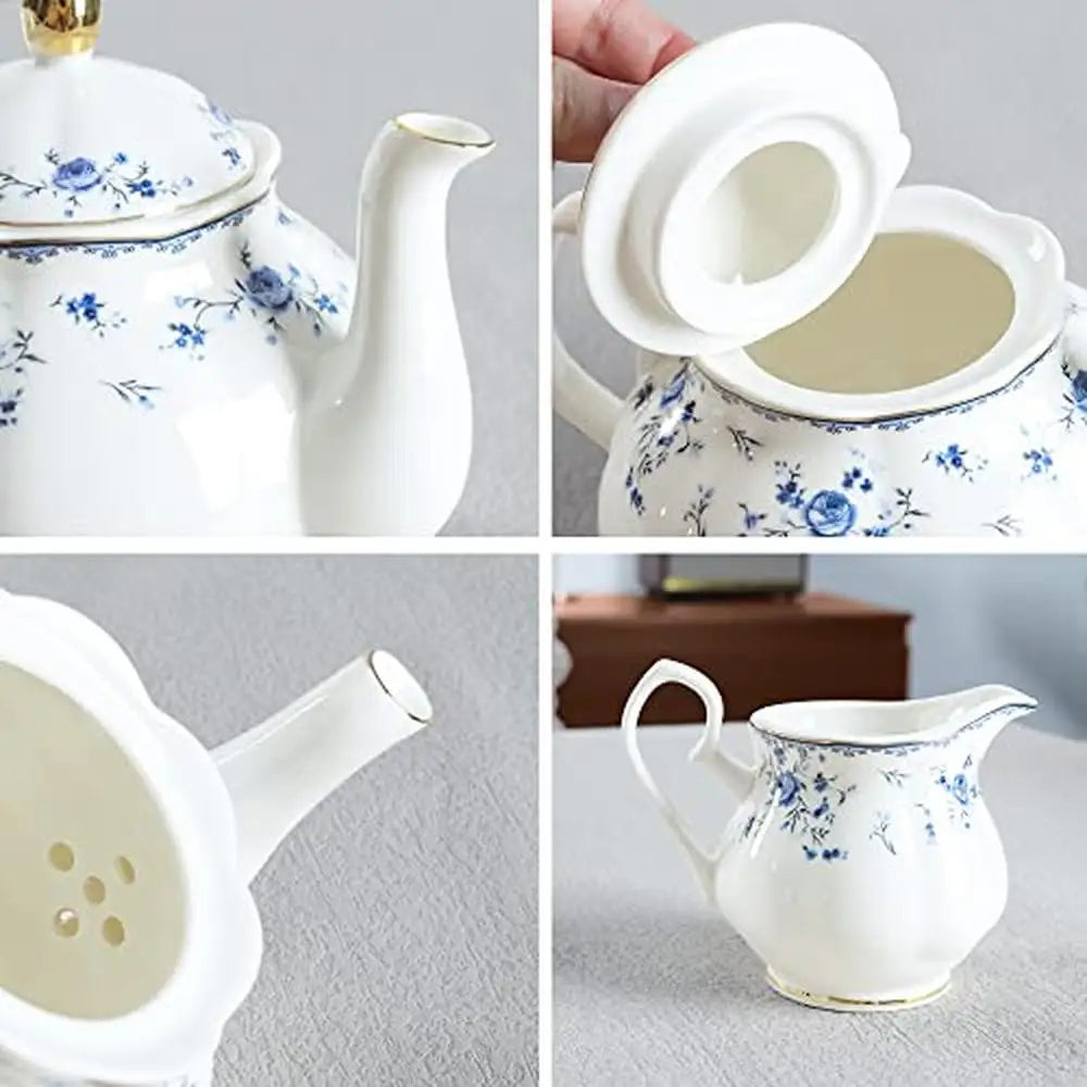15 Piece British Floral Porcelain Tea Set with Blue Rose Pattern