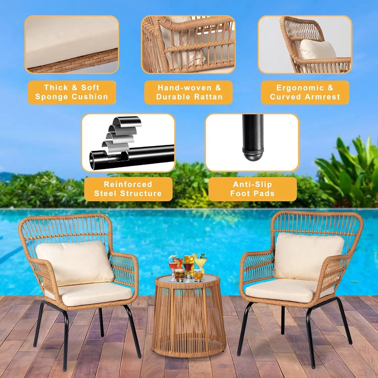 3 Piece Outdoor Wicker Bistro Patio Furniture Set