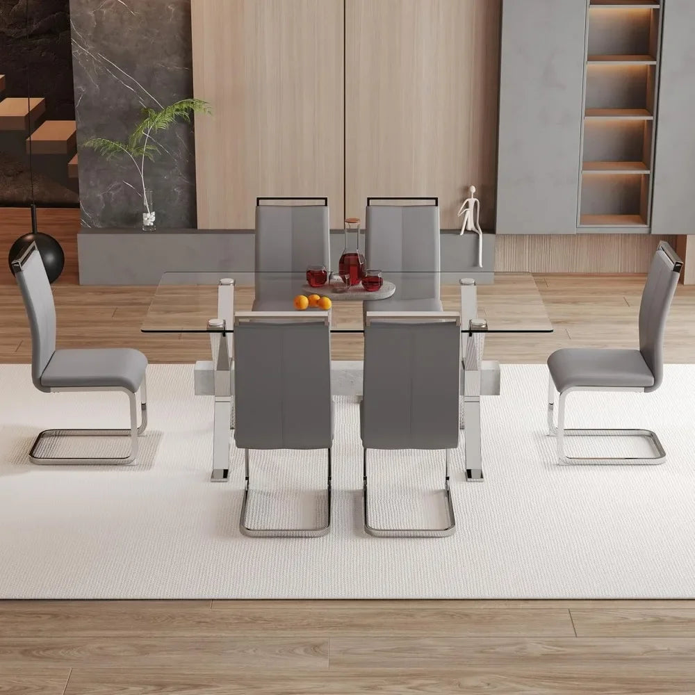 71" 7 Piece Tempered Glass Dining Table Set