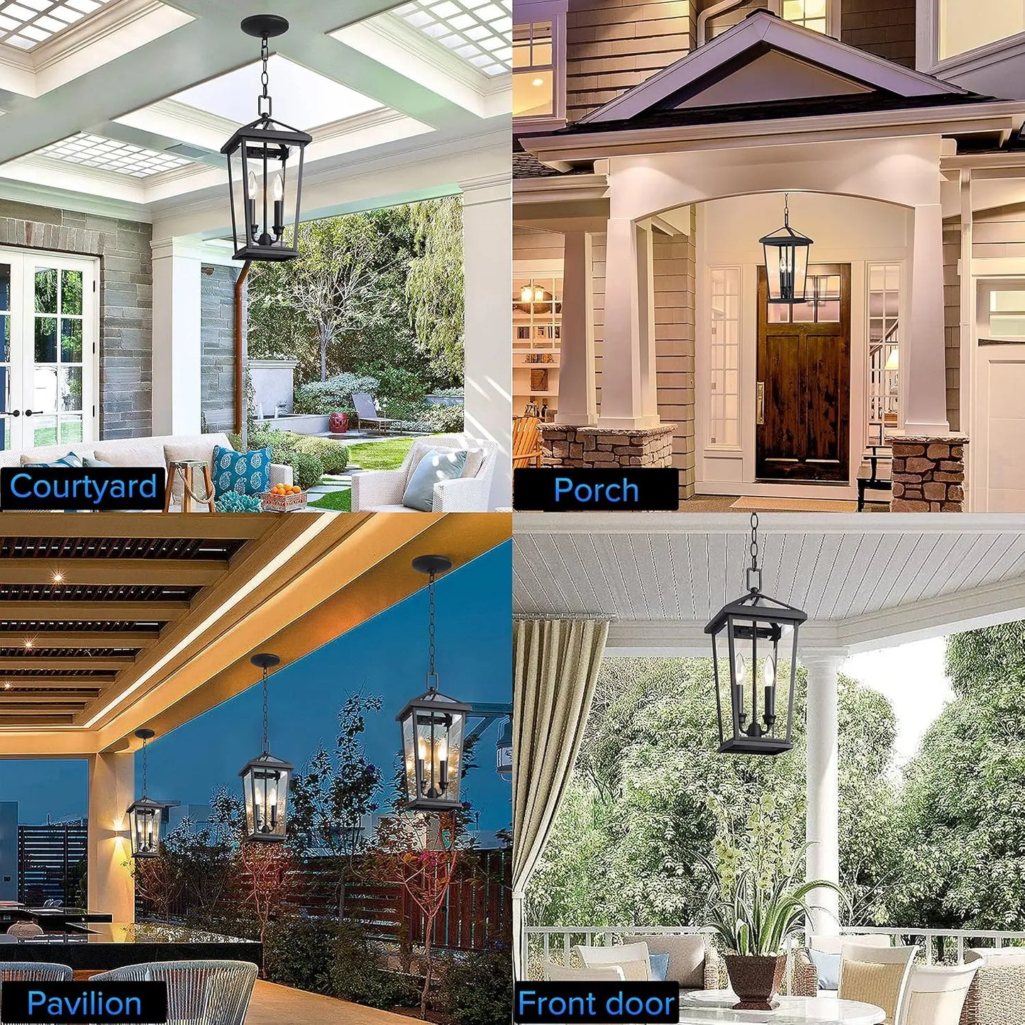 2 piece Height Adjustable Hanging Porch Lights, Black Lamp(Glass Lampshade)