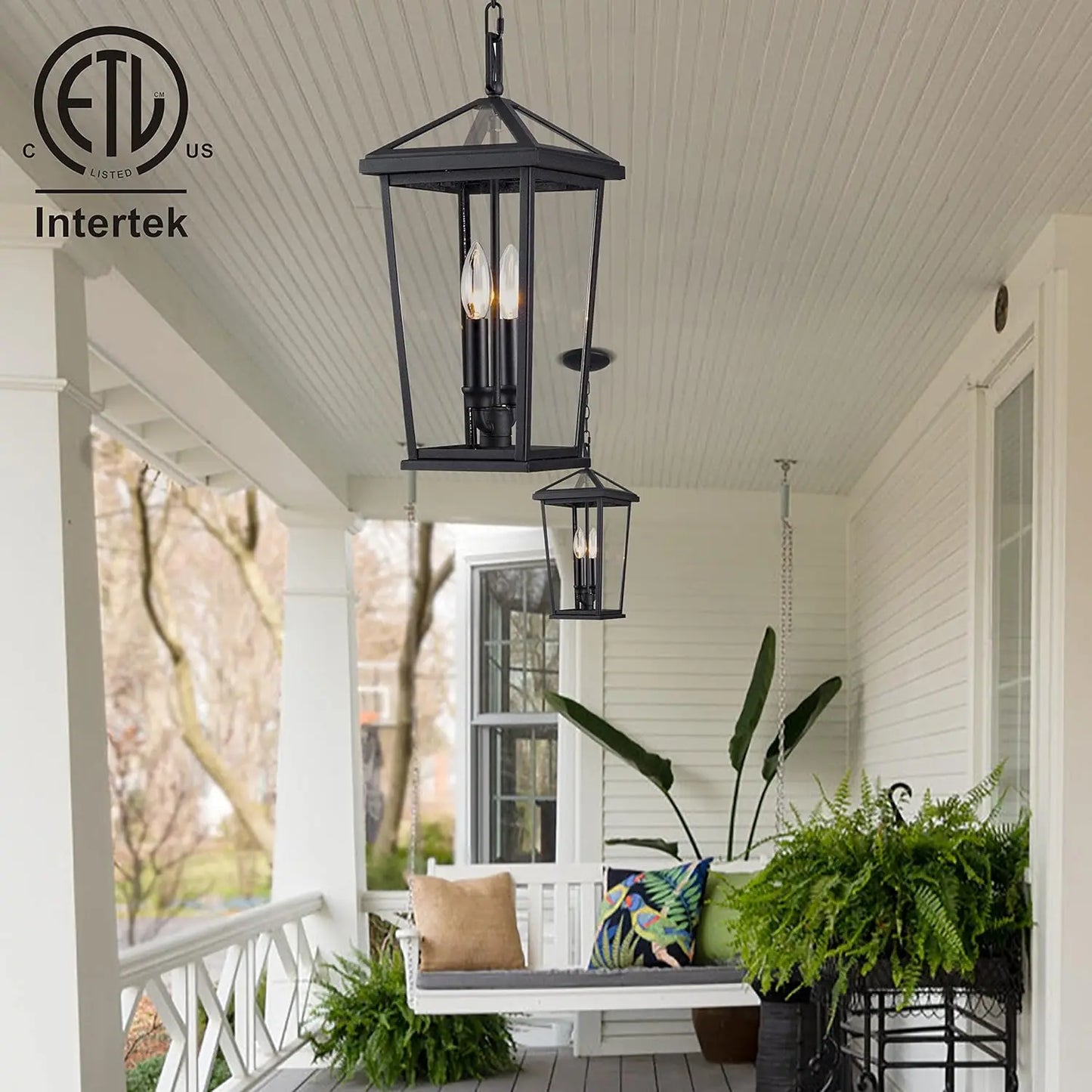 2 piece Height Adjustable Hanging Porch Lights, Black Lamp(Glass Lampshade)