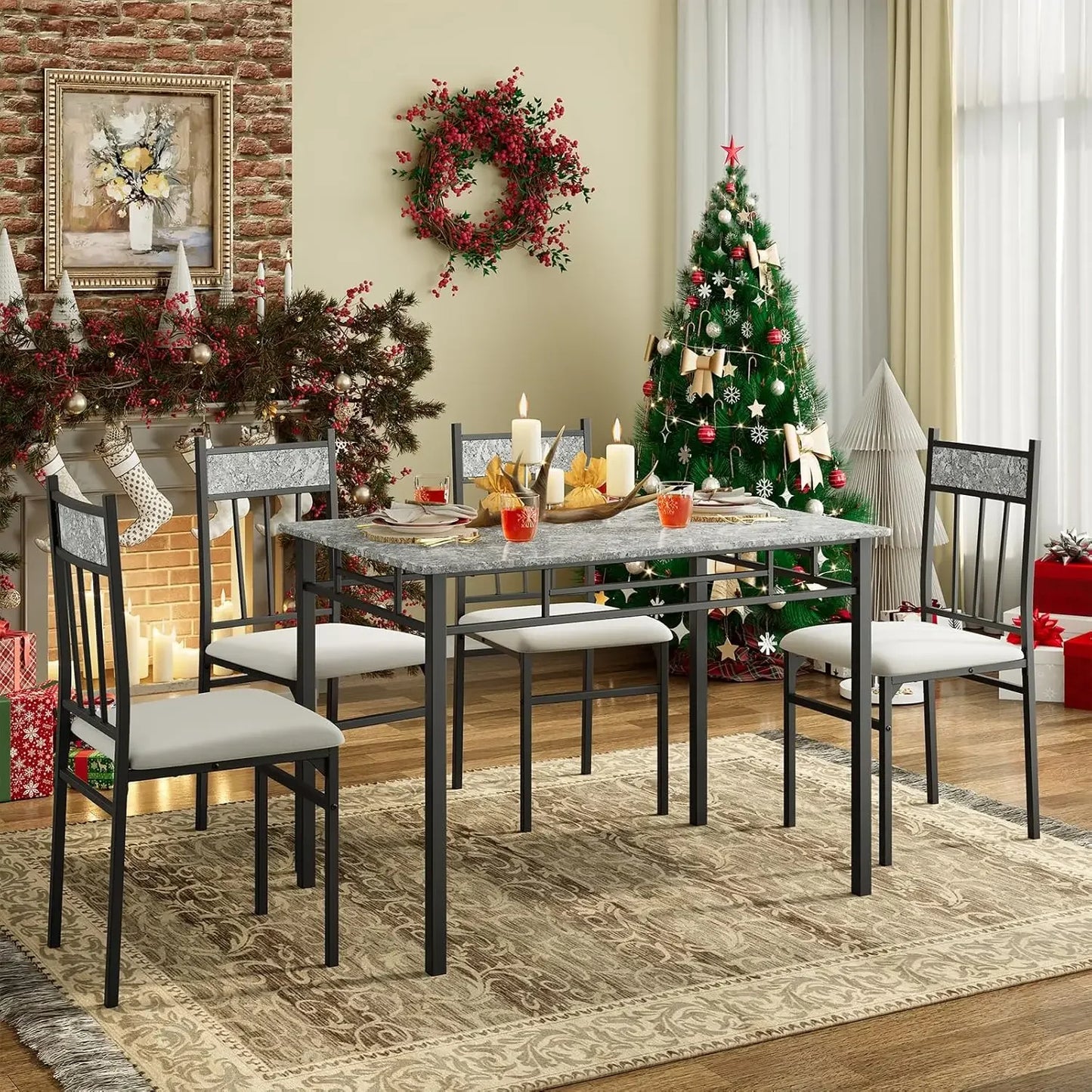 5 Piece Faux Marble Dining Table Set