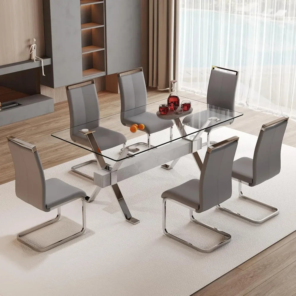 71" 7 Piece Tempered Glass Dining Table Set