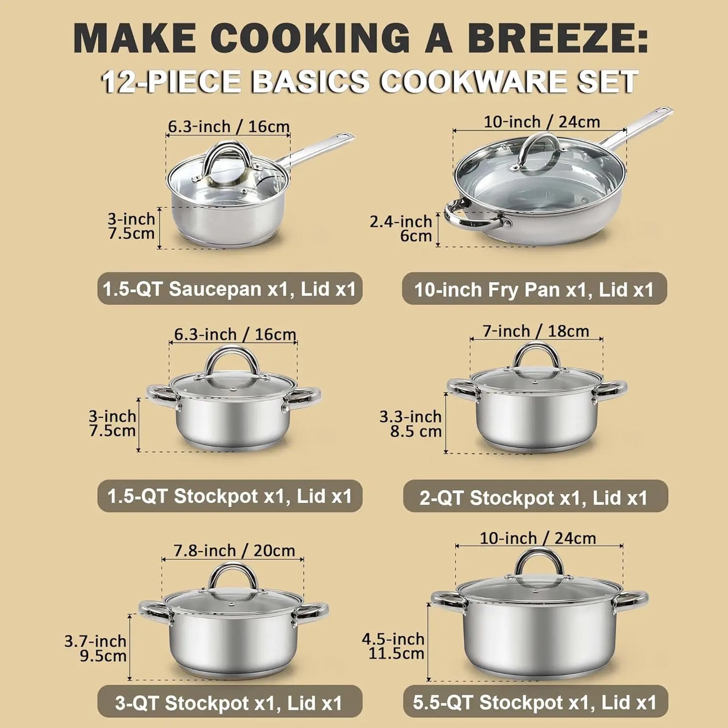 Cook N Home 12-Piece Basic Stainless Steel Cookware Set