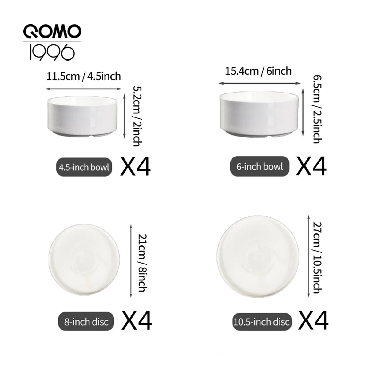 QOMO 16-Piece Dinnerware Set, Service for 4, White