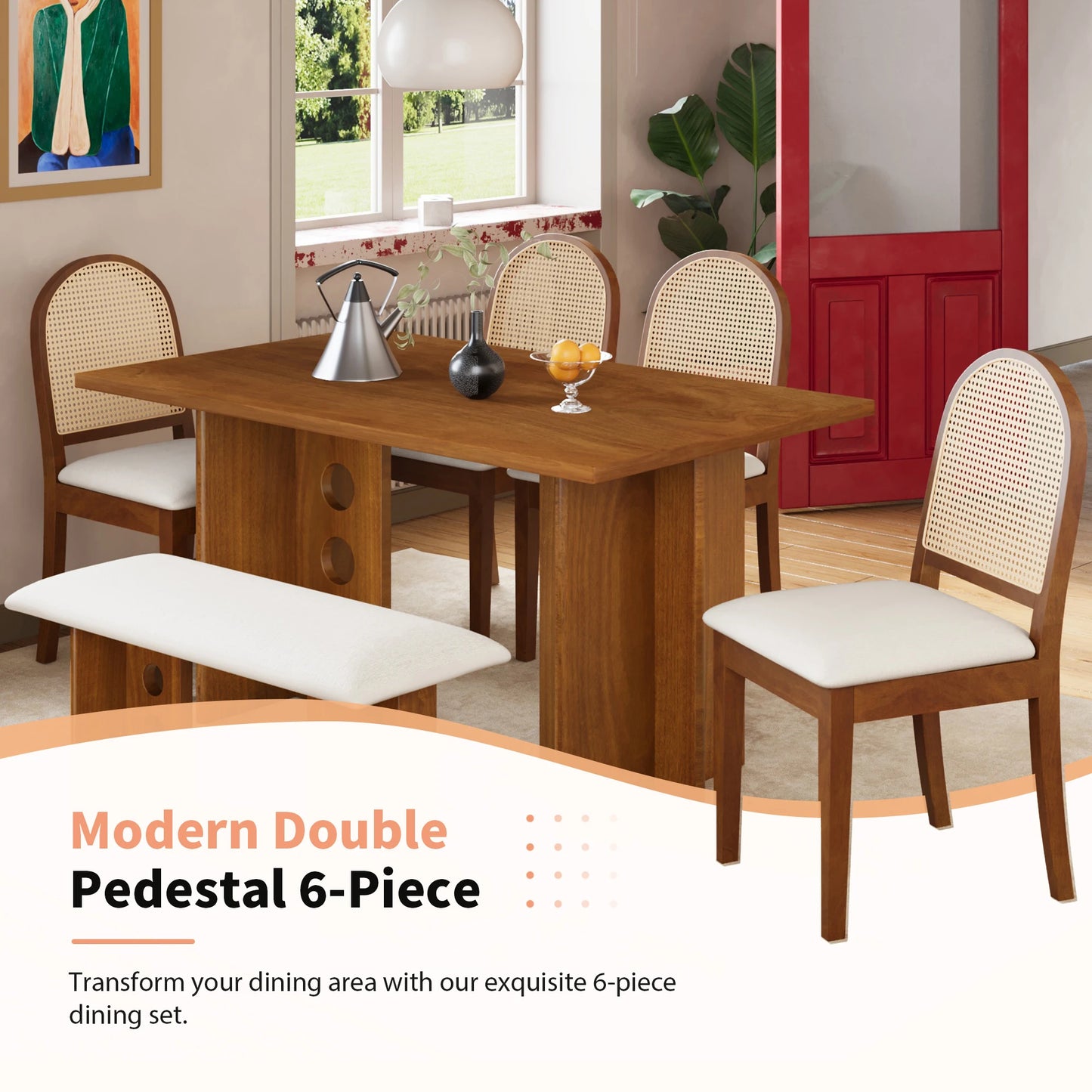 Modern Double Pedestal 6-Piece Dining Table Set