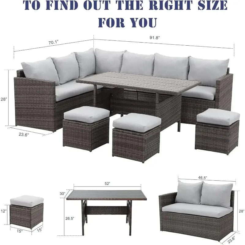 7 Piece Wicker Rattan Patio Set with Dining Table and Ottomans