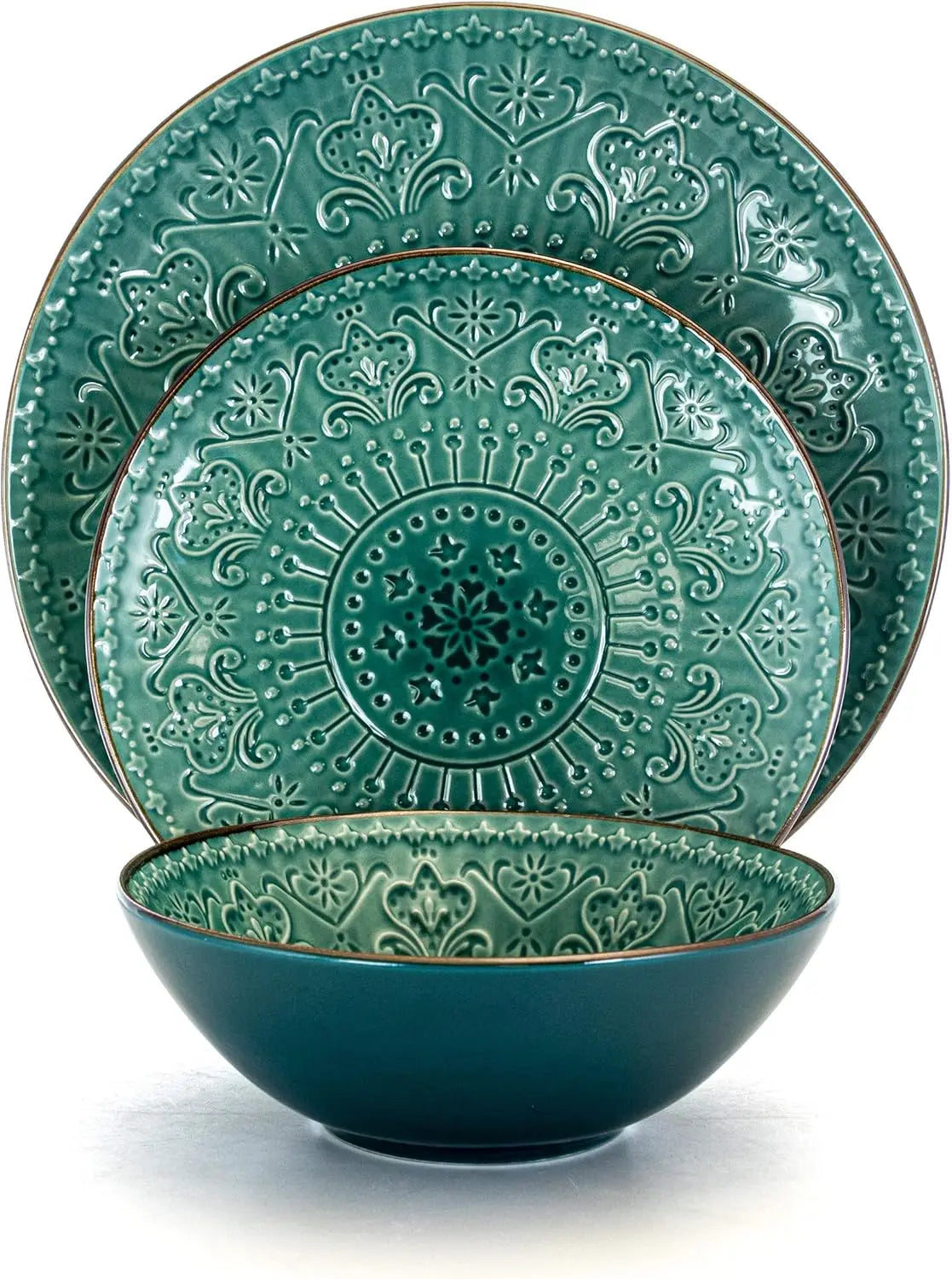 Elama, 16 Piece Round Embossed Dinnerware Set, Ocean Teal and Green