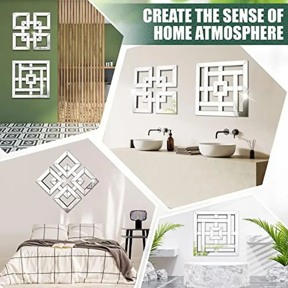 4 Pcs Square Silver Mirror Wall Decor Set