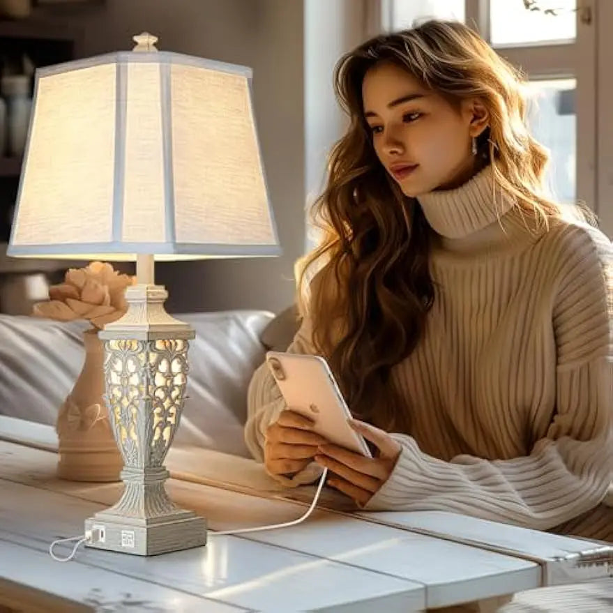 28.5" Rustic White Linen Cut Table Lamps, Set of 2