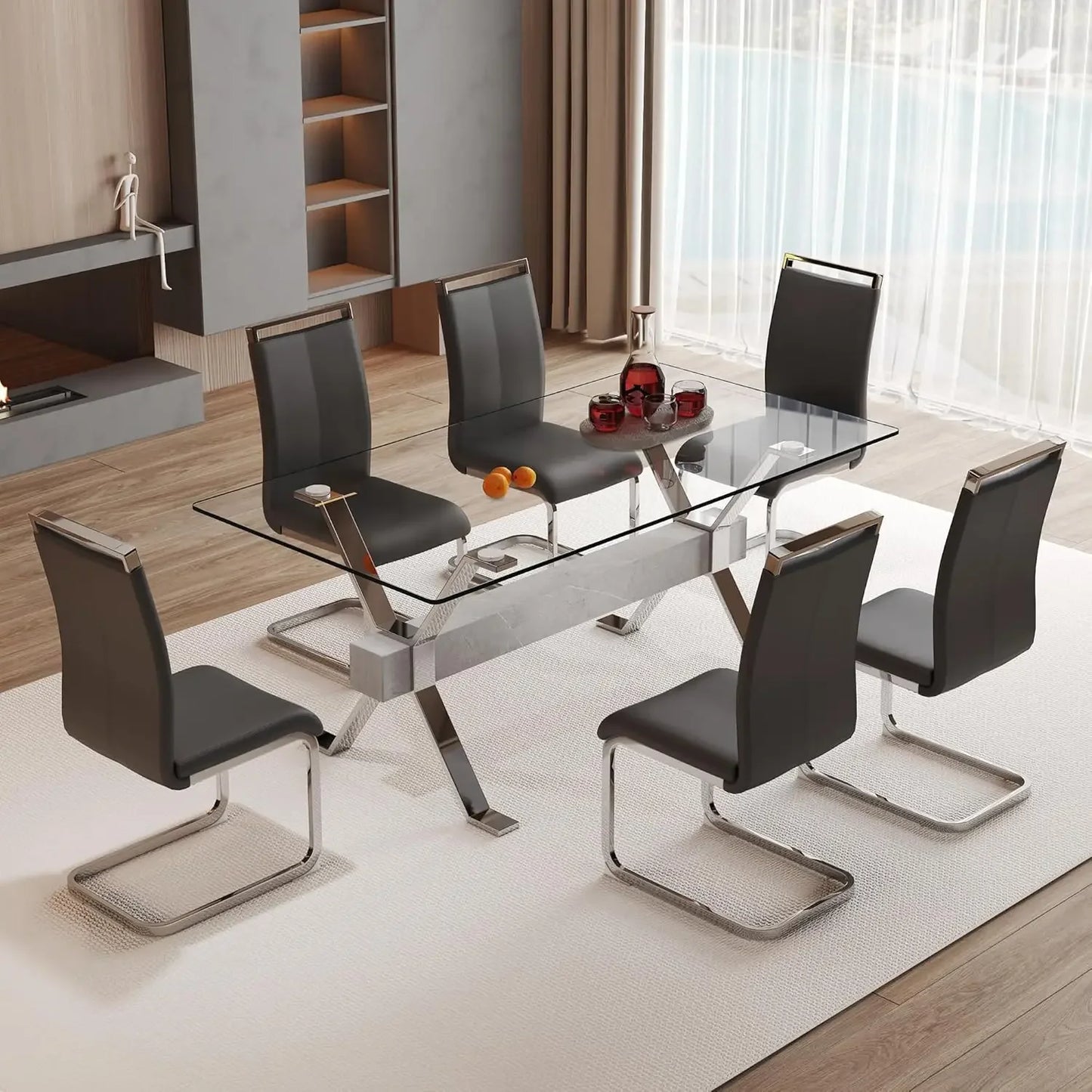 71" 7 Piece Tempered Glass Dining Table Set