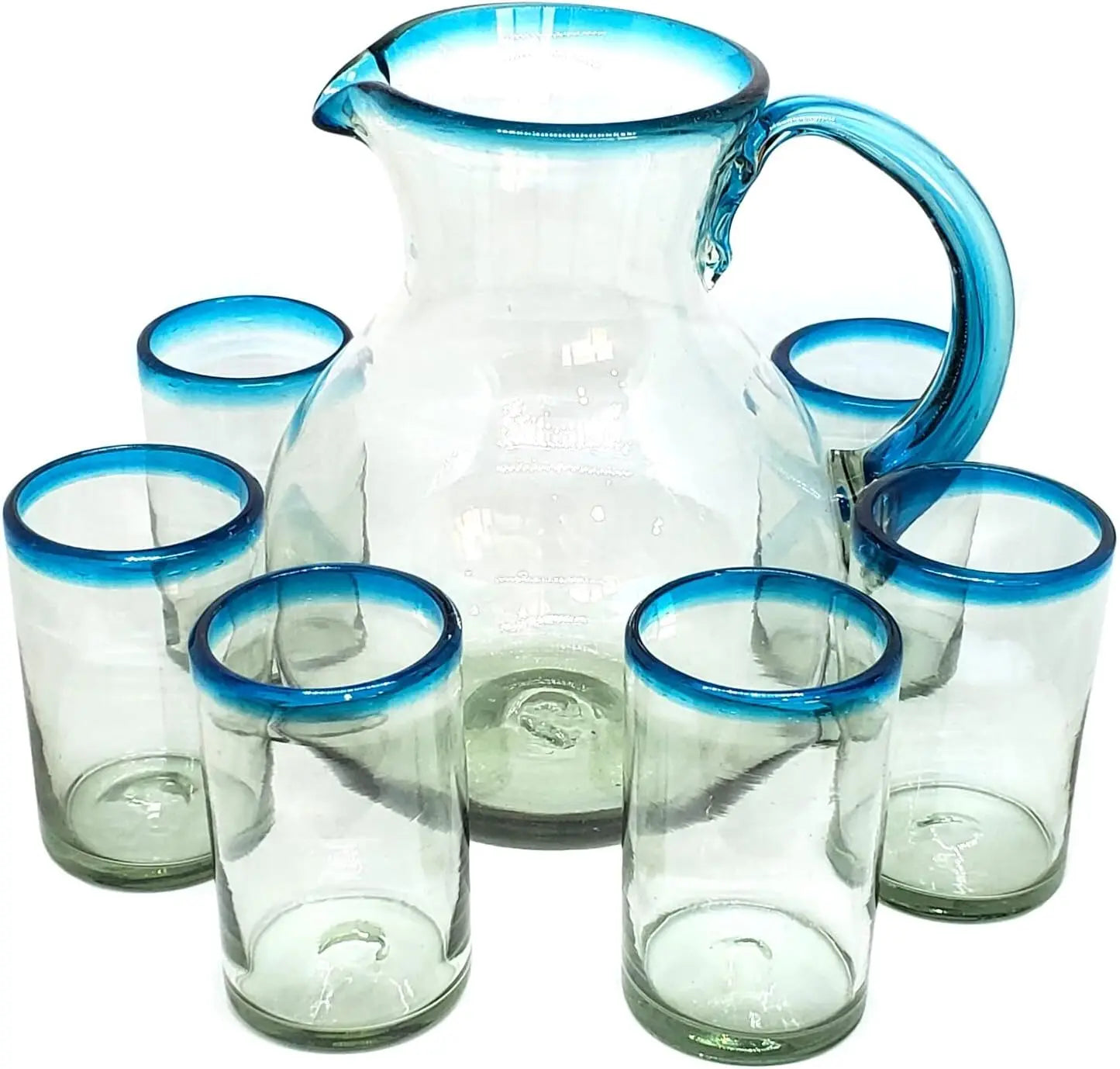 Blue Rim 120 oz Pitcher and 6 Drinking Glasses set, Recycled Glass, Lead-free, Toxin-Free