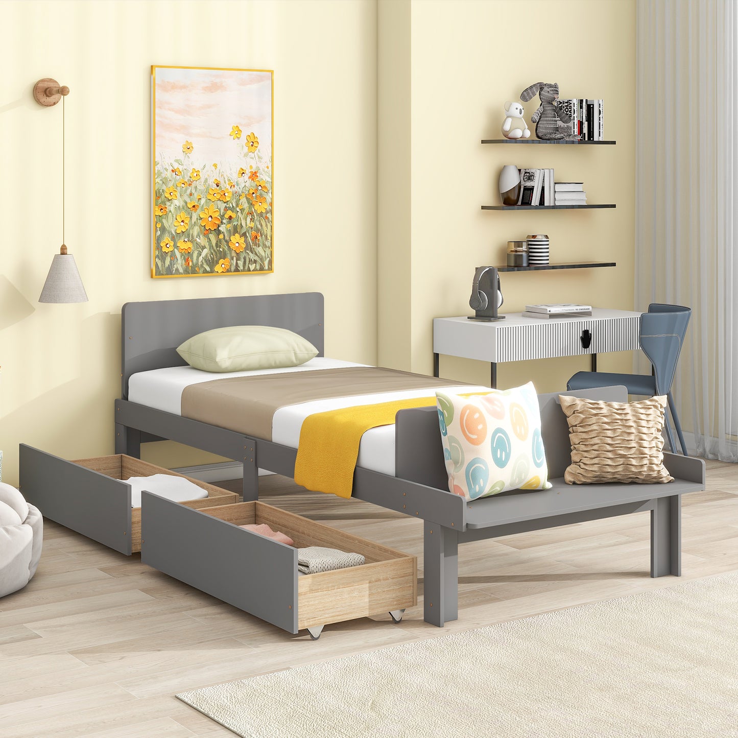 Twin Bed with Footboard Bench, 2 storage drawers, Grey