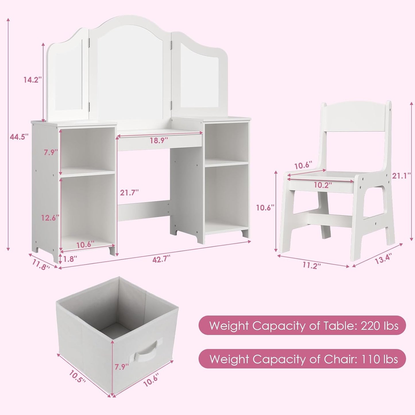 Kids' Vanity Set, Makeup Table For Little Girls With Tri-Folding Mirror And Stool