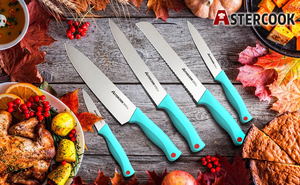 14 Pcs Kitchen Knife Set with Built-in Sharpener Block, Dishwasher Safe, Teal