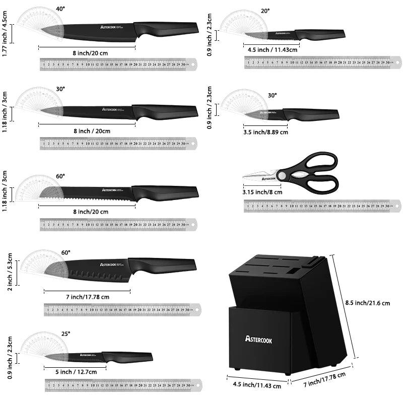 15 Piece German Stainless Steel Knife Block Set with Built-in Sharpener Block