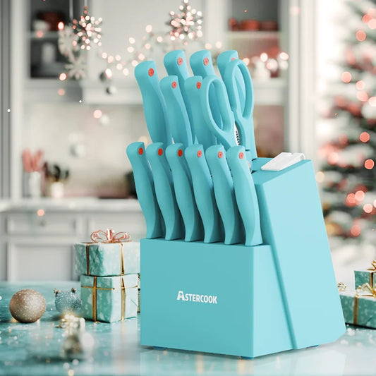 14 Pcs Kitchen Knife Set with Built-in Sharpener Block, Dishwasher Safe, Teal