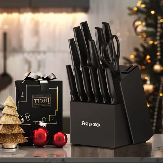 15 Piece German Stainless Steel Knife Block Set with Built-in Sharpener Block