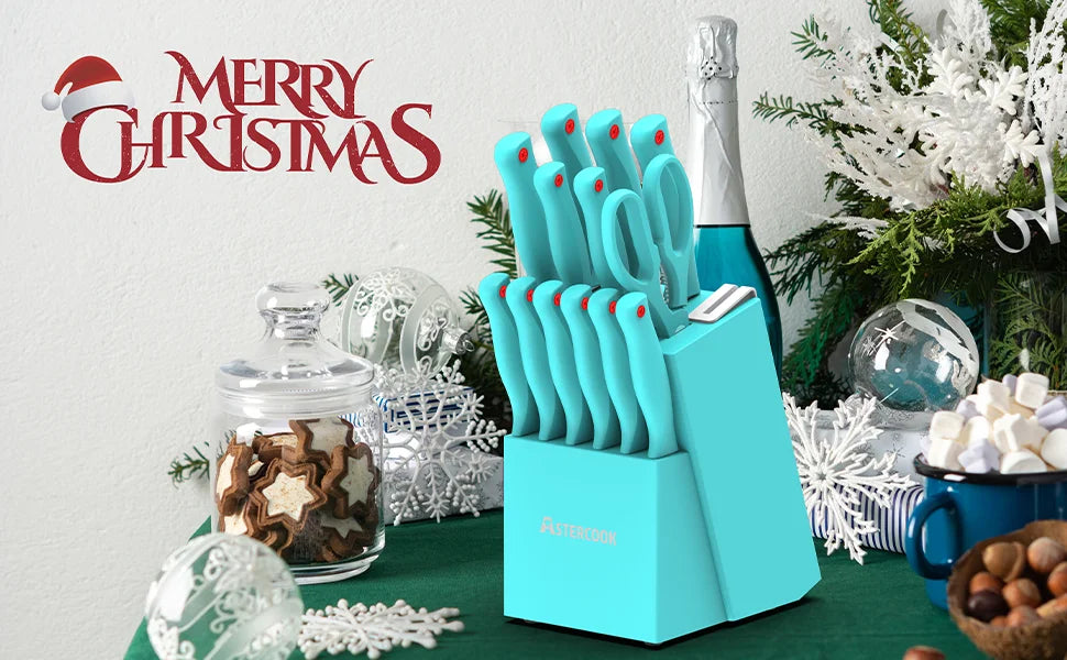 14 Pcs Kitchen Knife Set with Built-in Sharpener Block, Dishwasher Safe, Teal