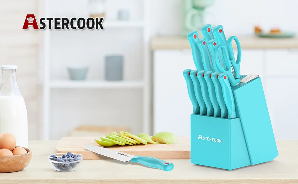 14 Pcs Kitchen Knife Set with Built-in Sharpener Block, Dishwasher Safe, Teal