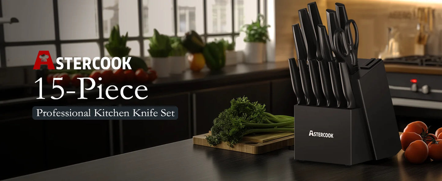 15 Piece German Stainless Steel Knife Block Set with Built-in Sharpener Block