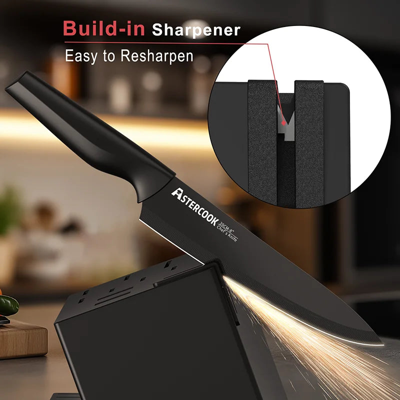 15 Piece German Stainless Steel Knife Block Set with Built-in Sharpener Block