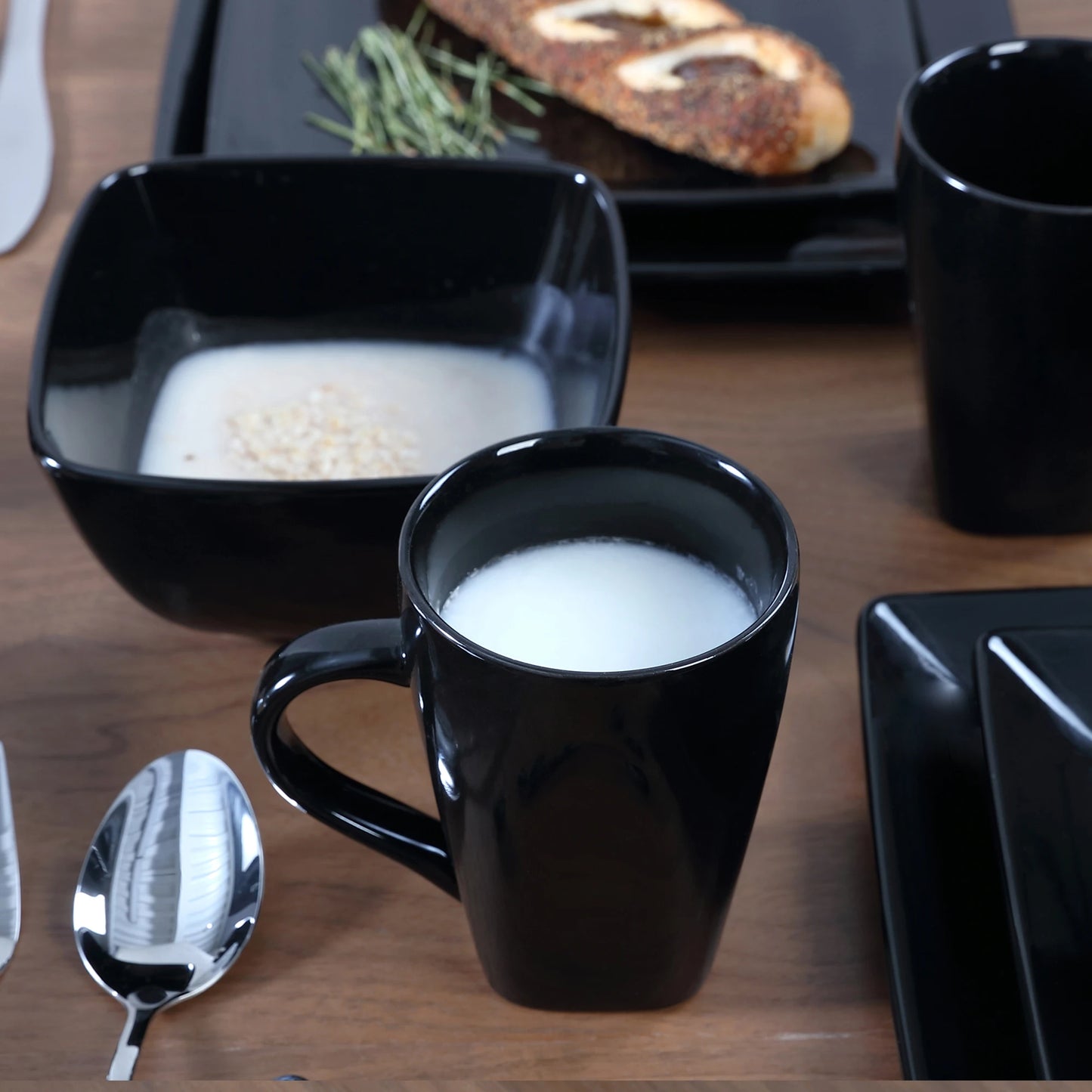 16/32/48-Piece Black Ceramic Porcelain Square Dinnerware Set