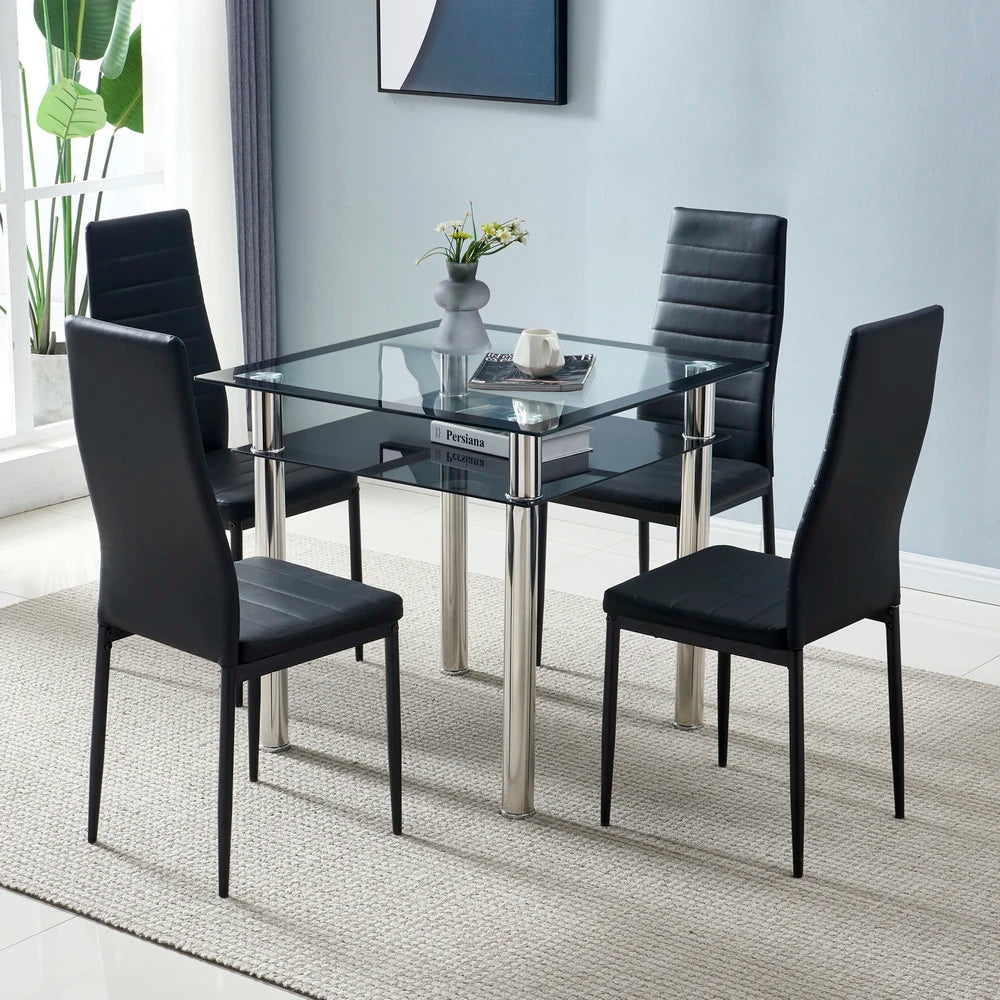 Double-layer Square Tempered Glass Stainless Steel  Dining Table Set