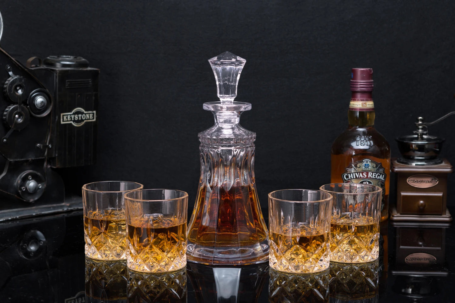 KANARS Crystal Whiskey Decanter Set with 4pcs Rock Glass Tumblers