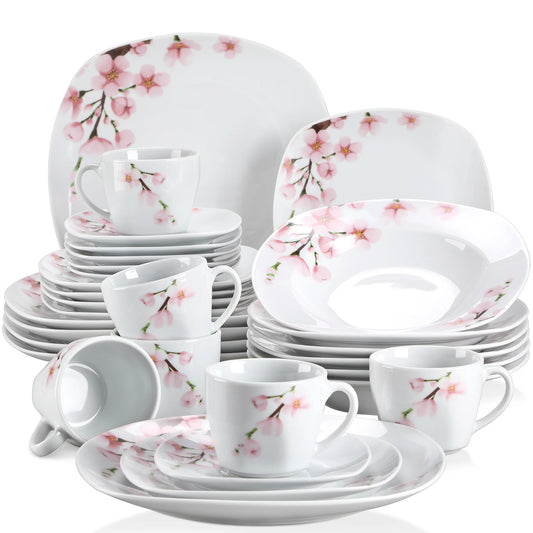 30-Piece White Ceramic Pink Floral Porcelain Plate Set