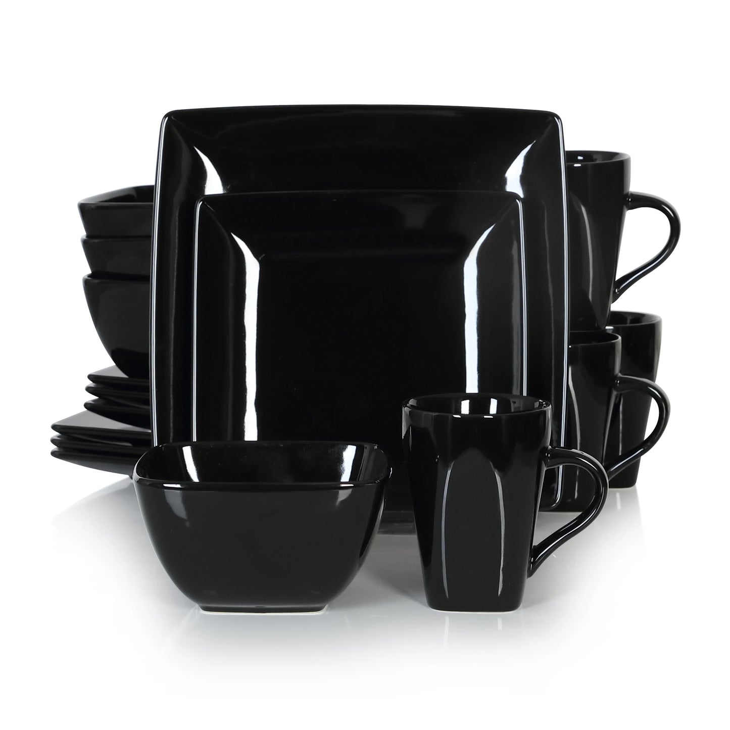 16/32/48-Piece Black Ceramic Porcelain Square Dinnerware Set