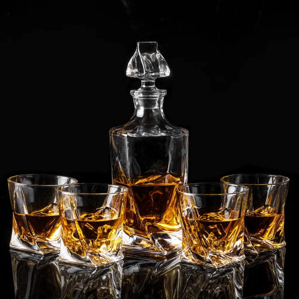 KANARS Premium Crystal Twisted Liquor Scotch Bottle Carafe Whiskey Decanter & Glass Set