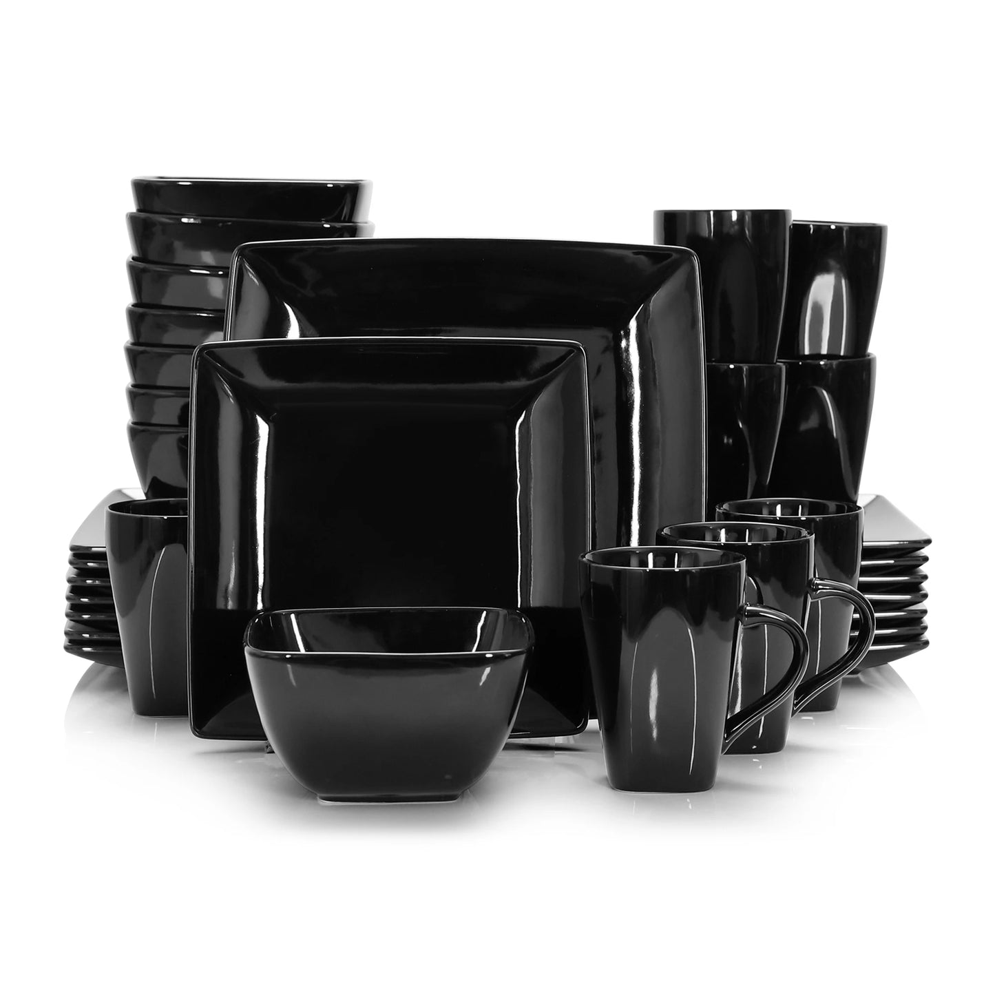 16/32/48-Piece Black Ceramic Porcelain Square Dinnerware Set