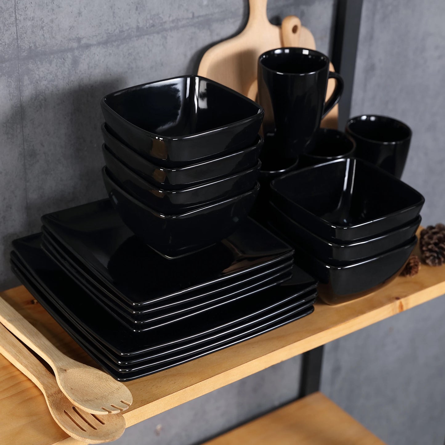 16/32/48-Piece Black Ceramic Porcelain Square Dinnerware Set