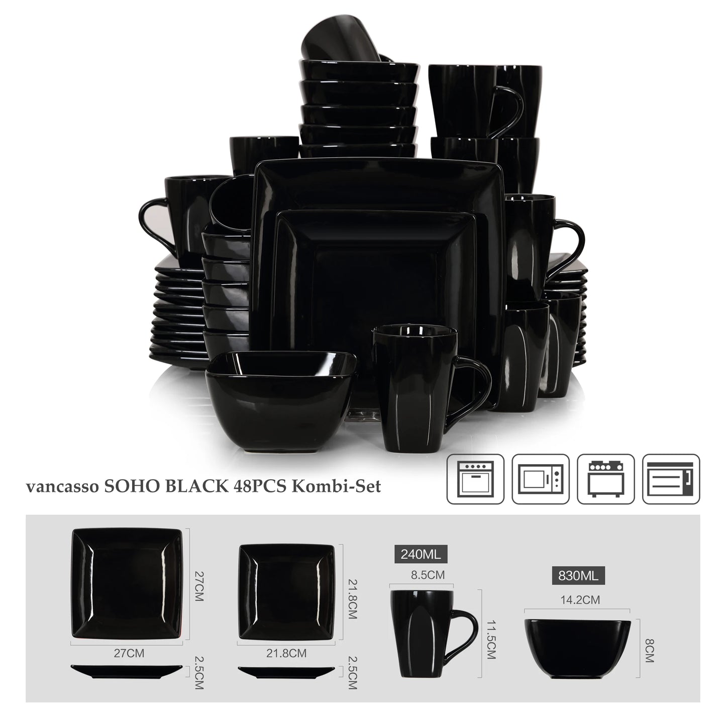 16/32/48-Piece Black Ceramic Porcelain Square Dinnerware Set