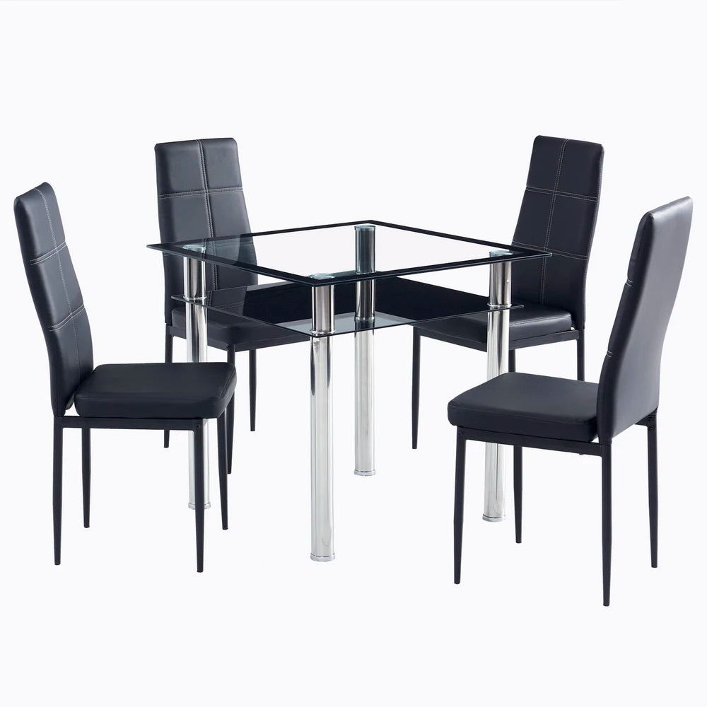 Double-layer Square Tempered Glass Stainless Steel  Dining Table Set