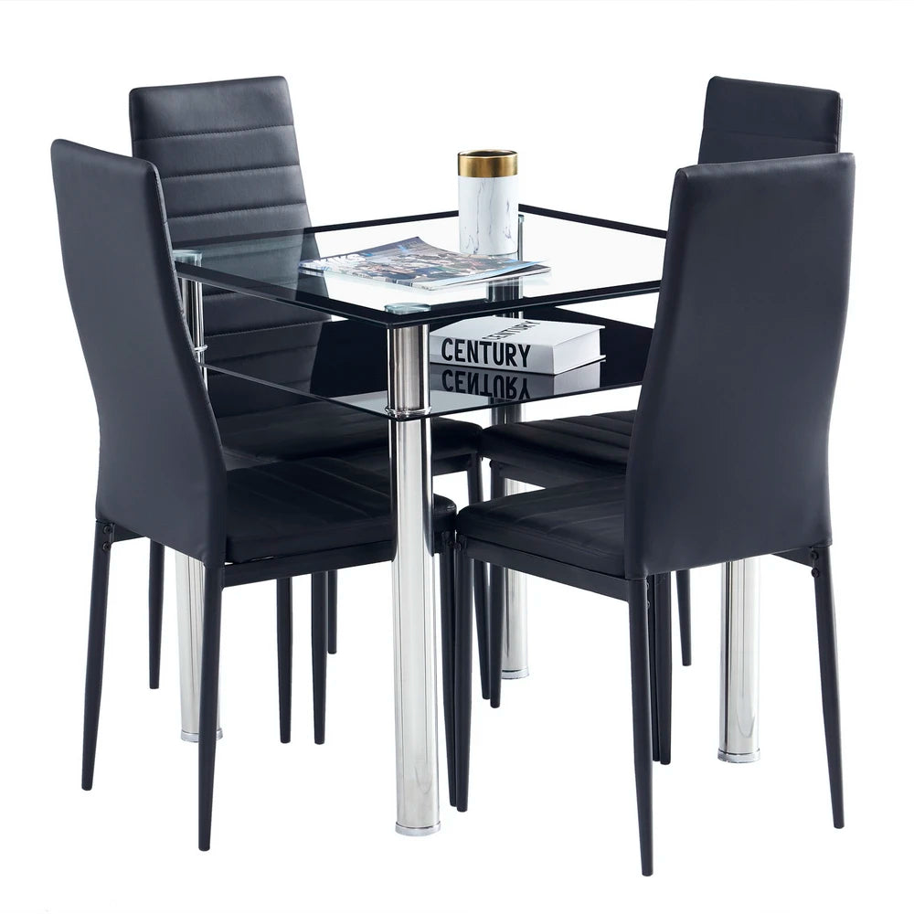 Double-layer Square Tempered Glass Stainless Steel  Dining Table Set