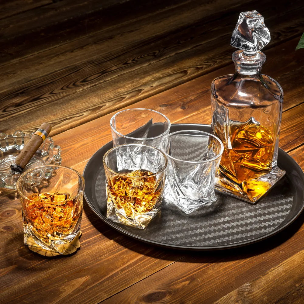 KANARS Premium Crystal Twisted Liquor Scotch Bottle Carafe Whiskey Decanter & Glass Set