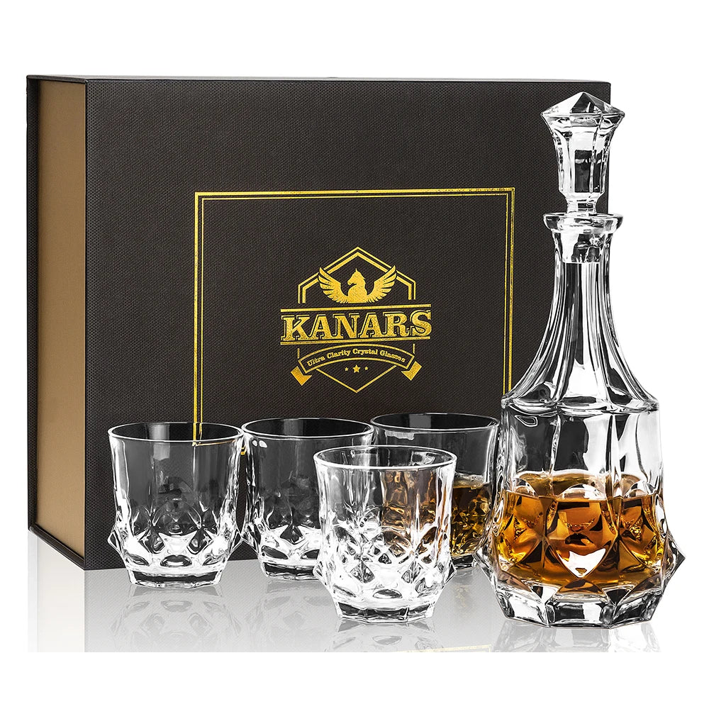 Crafted Whiskey Decanter Set with 4 Crystal Glasses in Gift Box