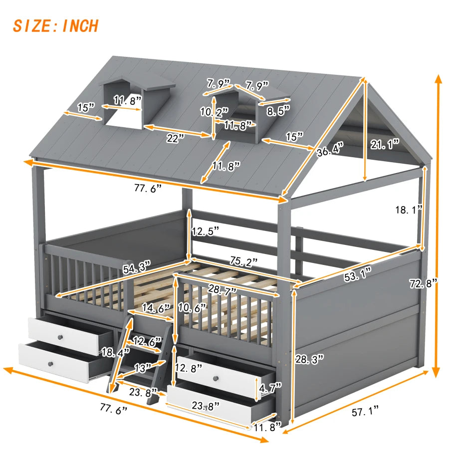 Wooden House Bed Frame for Kids with Ample Storage Options, Roof Design