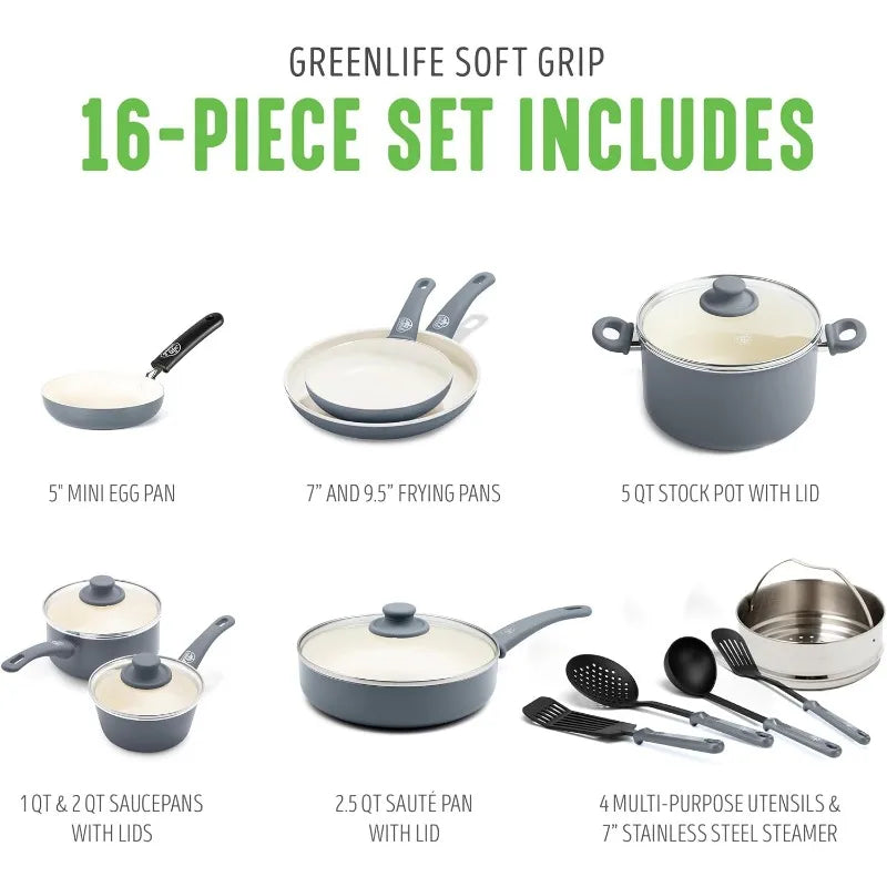 GreenLife-16 Piece Soft Grip Healthy Ceramic Nonstick Cookware Set