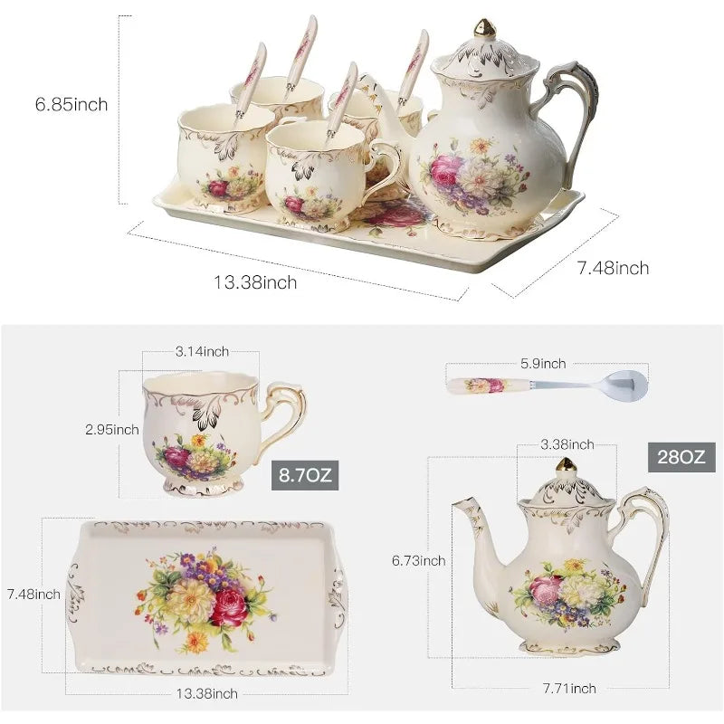 Porcelain Vintage Rose, Tea Cups with Teapot, Serving Tray and Teaspoons, Service for 4