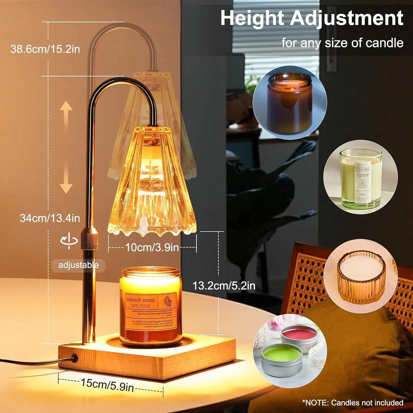 Electric Candle Lamp Warmer with Timer & Dimmer, Height Adjustable, with 2 Bulbs