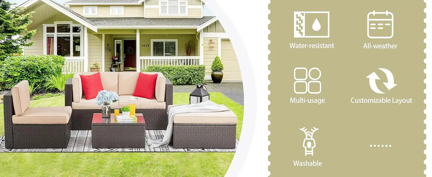 5 Piece All-Weather Brown PE Wicker Patio Furniture Set