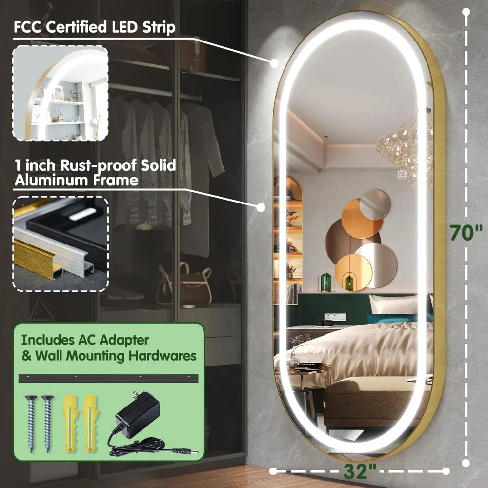 Dimmable & 3-Color LED Lighted Full Body Dressing Mirror