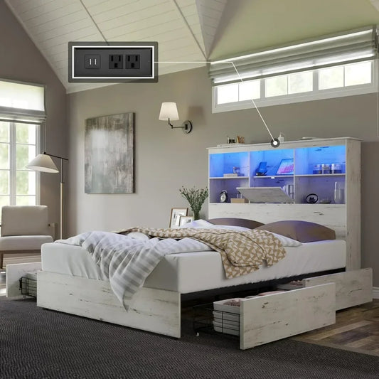 Wooden Platform Bed Frame with 51.2" LED Storage Bookcase Headboard - Size and Color Optional