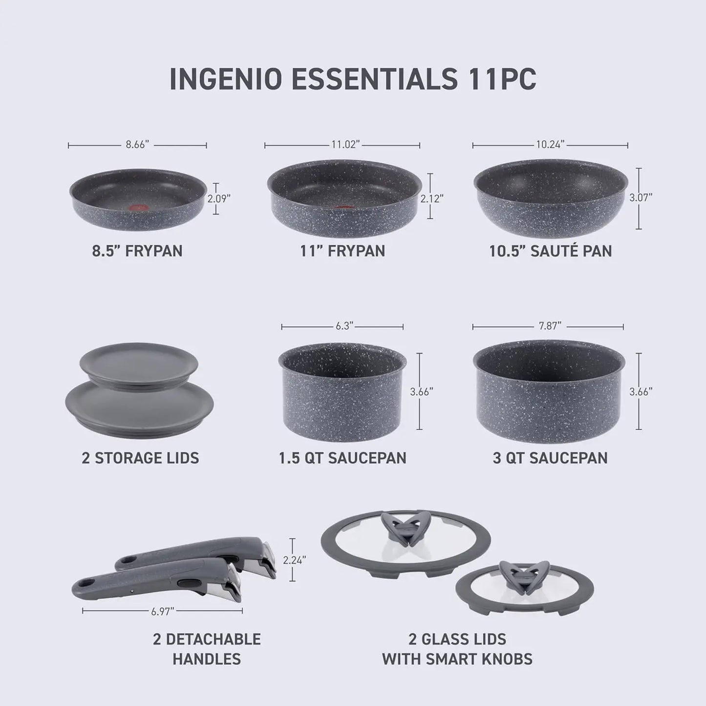 11 Piece Granite Titanium Non Stick Induction Cookware Set with Detachable/Removable Handle