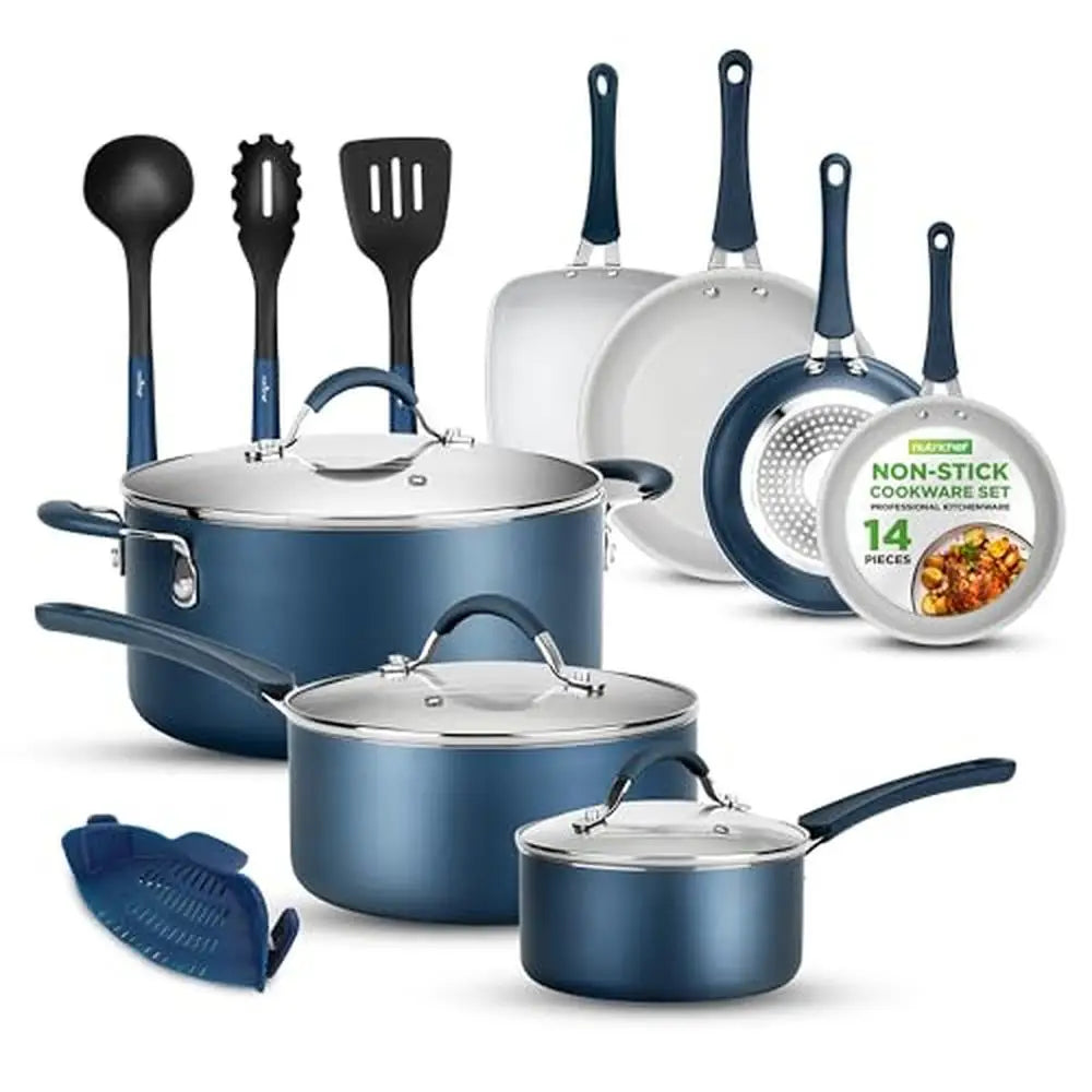 14-Piece Navy Blue Non-Stick Cookware Set