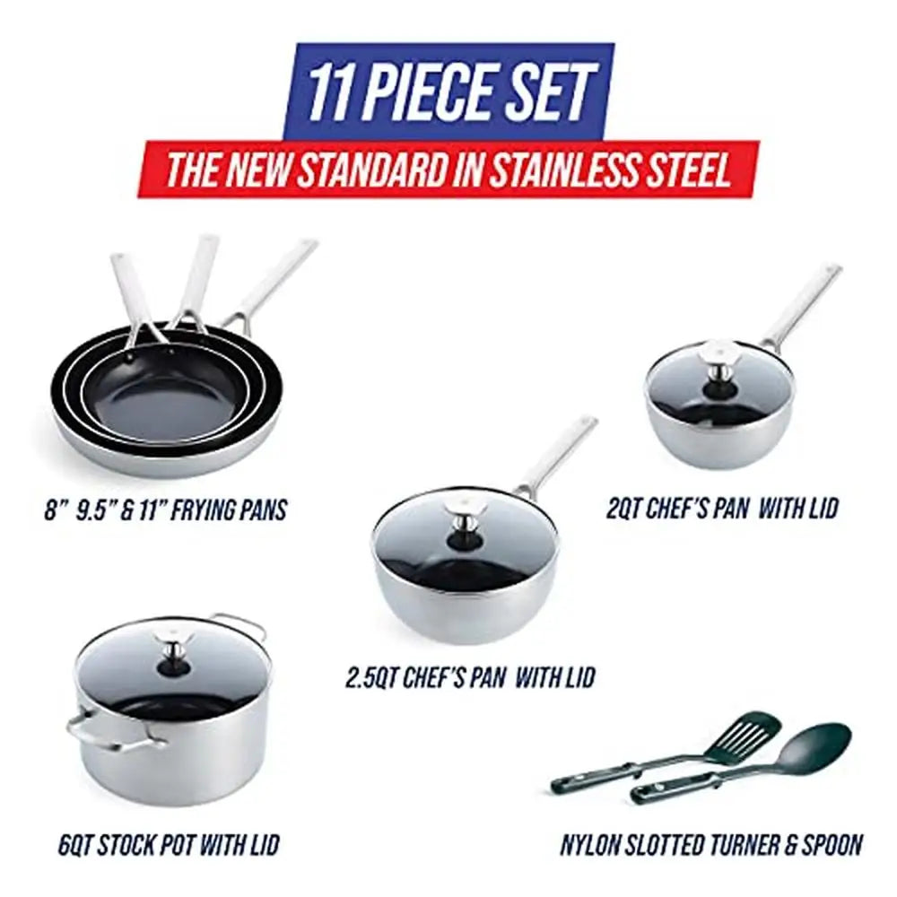 11-Piece Stainless Steel Tri-Ply Diamond Infused Nonstick Cookware Set