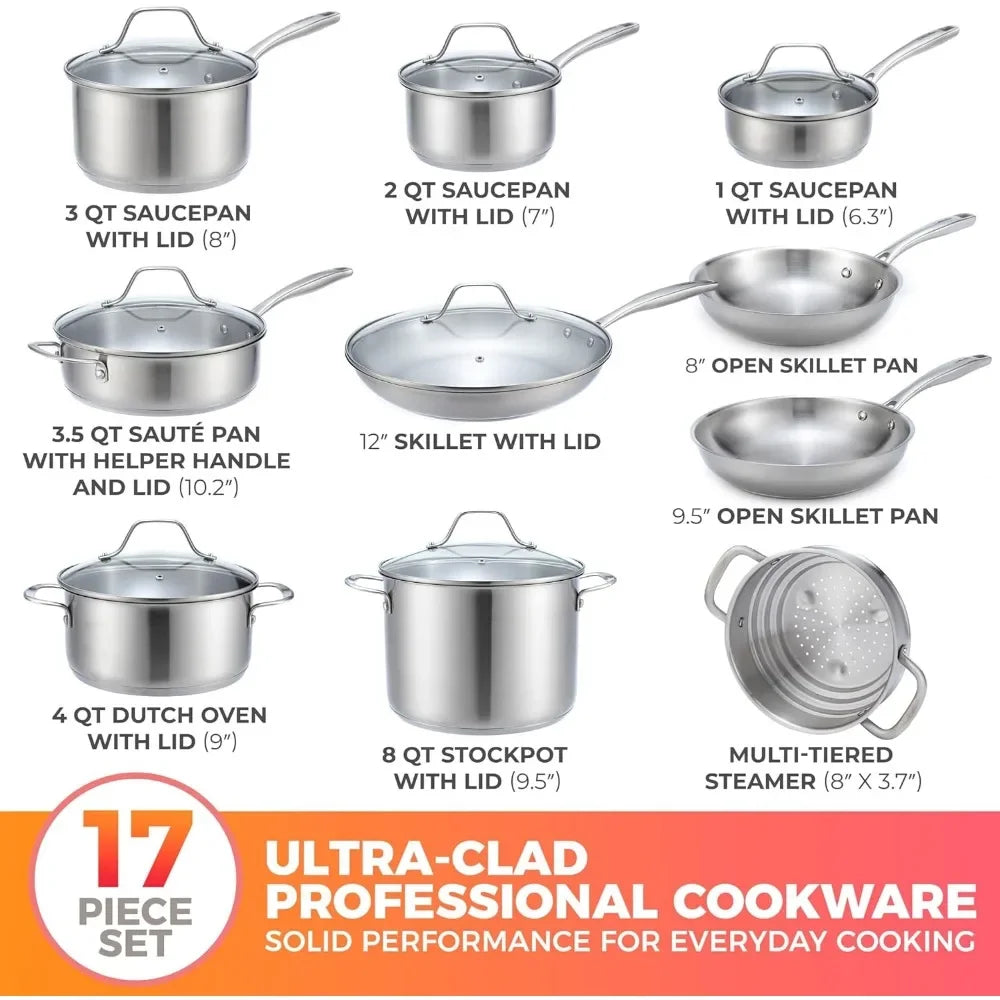 17 Piece Stainless Steel Cookware Set with Ergonomic Handle